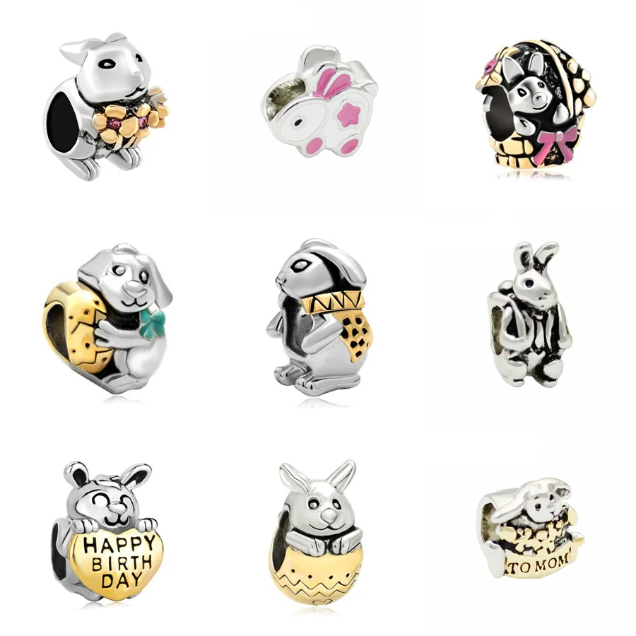 Бесплатная доставка золотистый милый кролик пасхальный Шарм Бусина Подходит Для