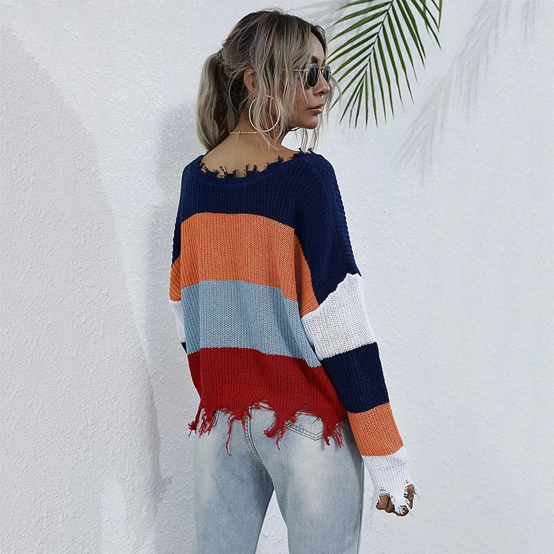

Women Long Sleeve Knitted Sweater Sexy V-Neck Drop Shoulder Pullover Tops Stripes Loose Sweater