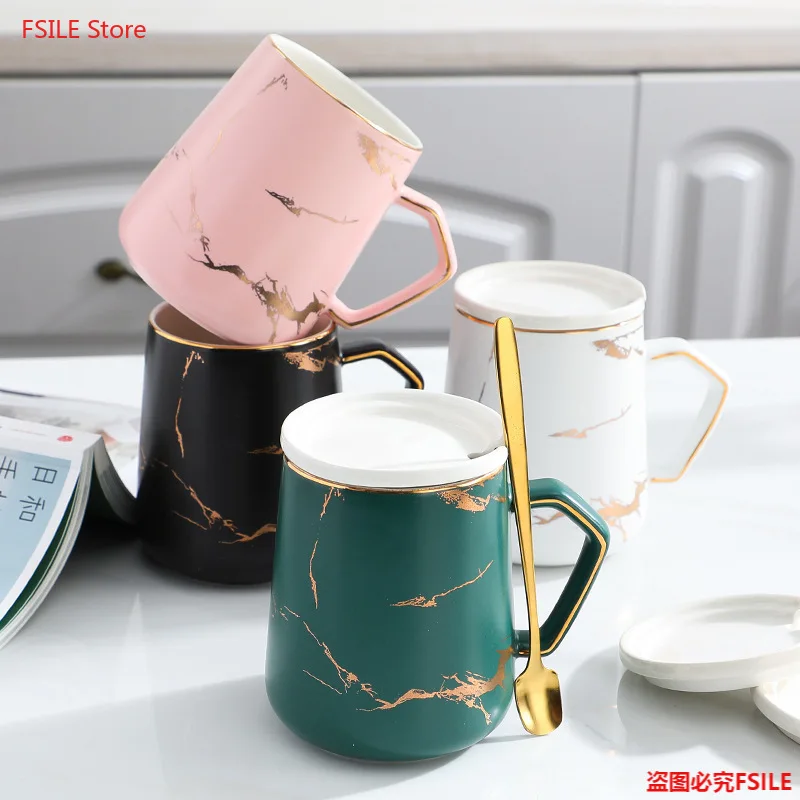 

FSILE European Style Fashion Simple Ins Marble Pattern Ceramic Coffee Mug Business Office Tea Cup with Lid Spoon
