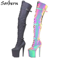 sorbern reflective black mid thigh high boots for pole dancer stripper high heels 8 inch customized long boot unisex shoes