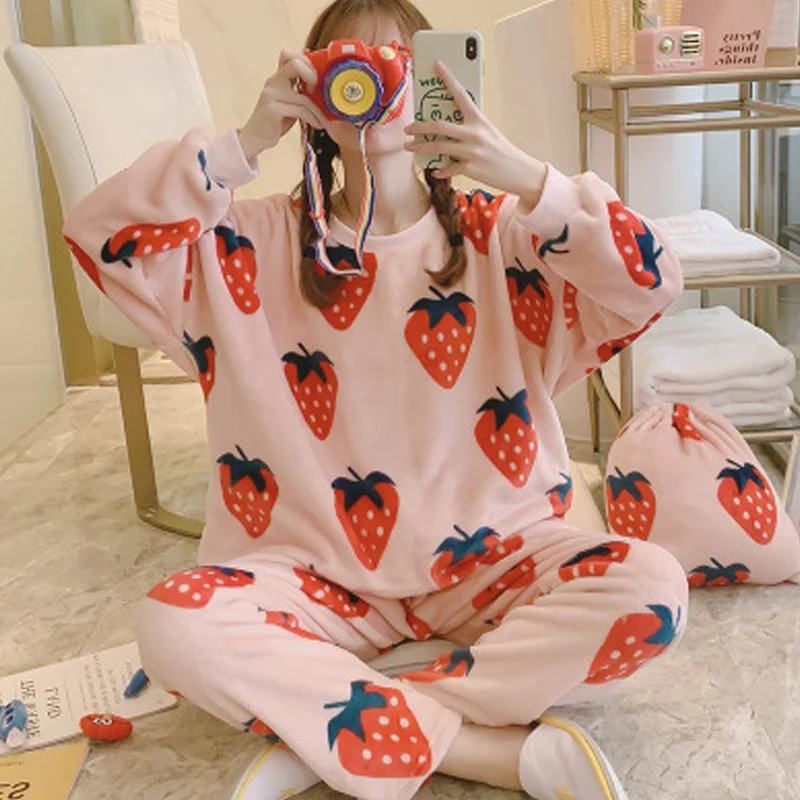 

Kawaii Cow and Duck Print Fall Winter Warm Flannel Women Pyjamas Sets Thin Coral Velvet Long Sleeve Sleepwear Pajamas Set Girl