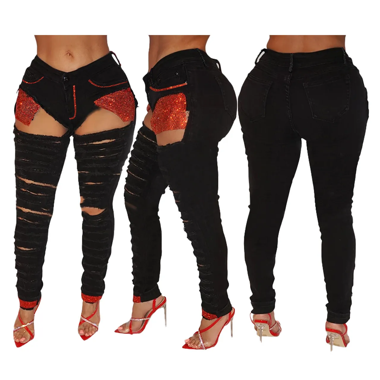 

Осенние рваные джинсы Harajuku с вырезами для женщин с высокой талией, эластичные блестки, повседневные Облегающие расклешенные брюки, женские джинсовые брюки в стиле хип-хоп