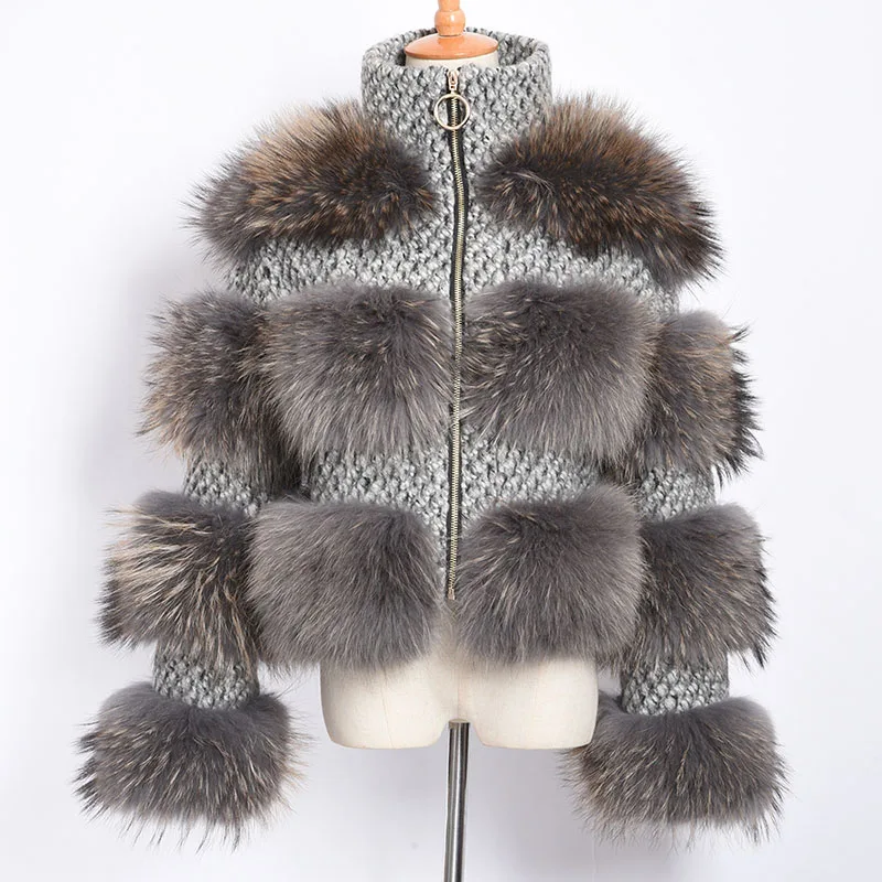 Raccoon Grey Jancoco Max натуральный мех енота куртки Женская мода натуральный мех пальто с длинным рукавом зимние женские пальто S7458 - Цвет: Raccoon Grey