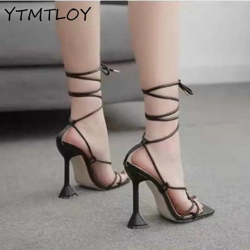 Summer Women's Shoes Sandals Basic Pu Fashion Cross-tied Spike High Heels Lace Party Pump Size 35-43 Black White Apricot | Обувь
