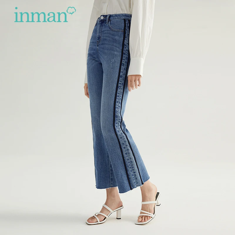 INMAN Women's Jeans Spring Autumn Vintage Contrast Color Webbing Stitching Small Flared Trousers