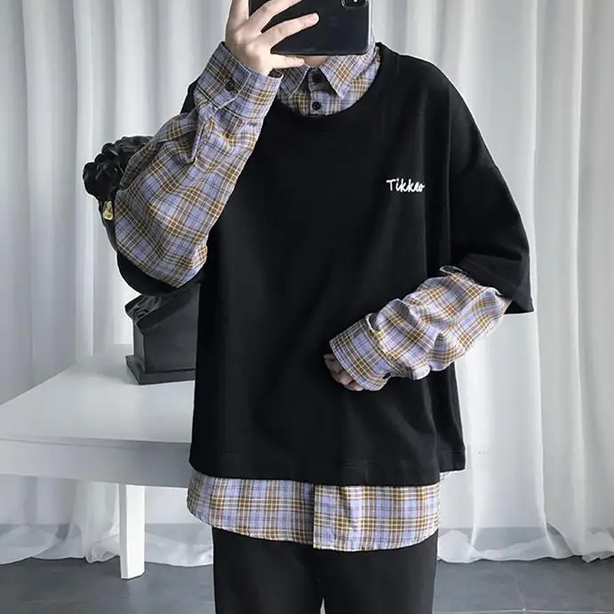 

Fake two long sleeve t-shirt men's Korean fashion Plaid Shirt Komatsu Hara Sufeng spring top