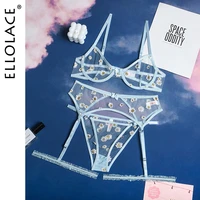ellolace floral print sensual lingerie transparent lace sexy exotic costumes porn hot underwear set exotic 3 piece intimate