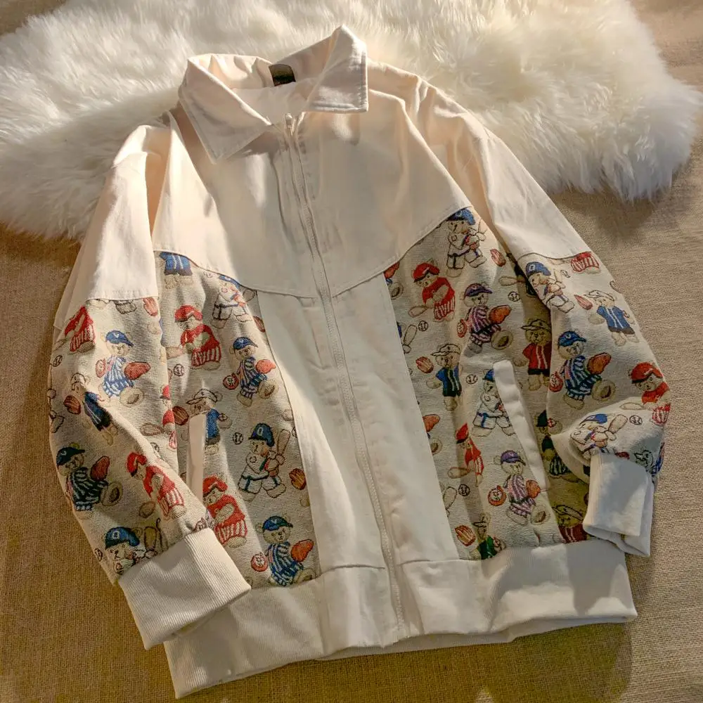 

Fashion Women’S Bomber Jacket Polo Collar Cartoon Cute Bear Embroidered Baseball Suits Vintage Harajuku Casual Preppy Outerwear