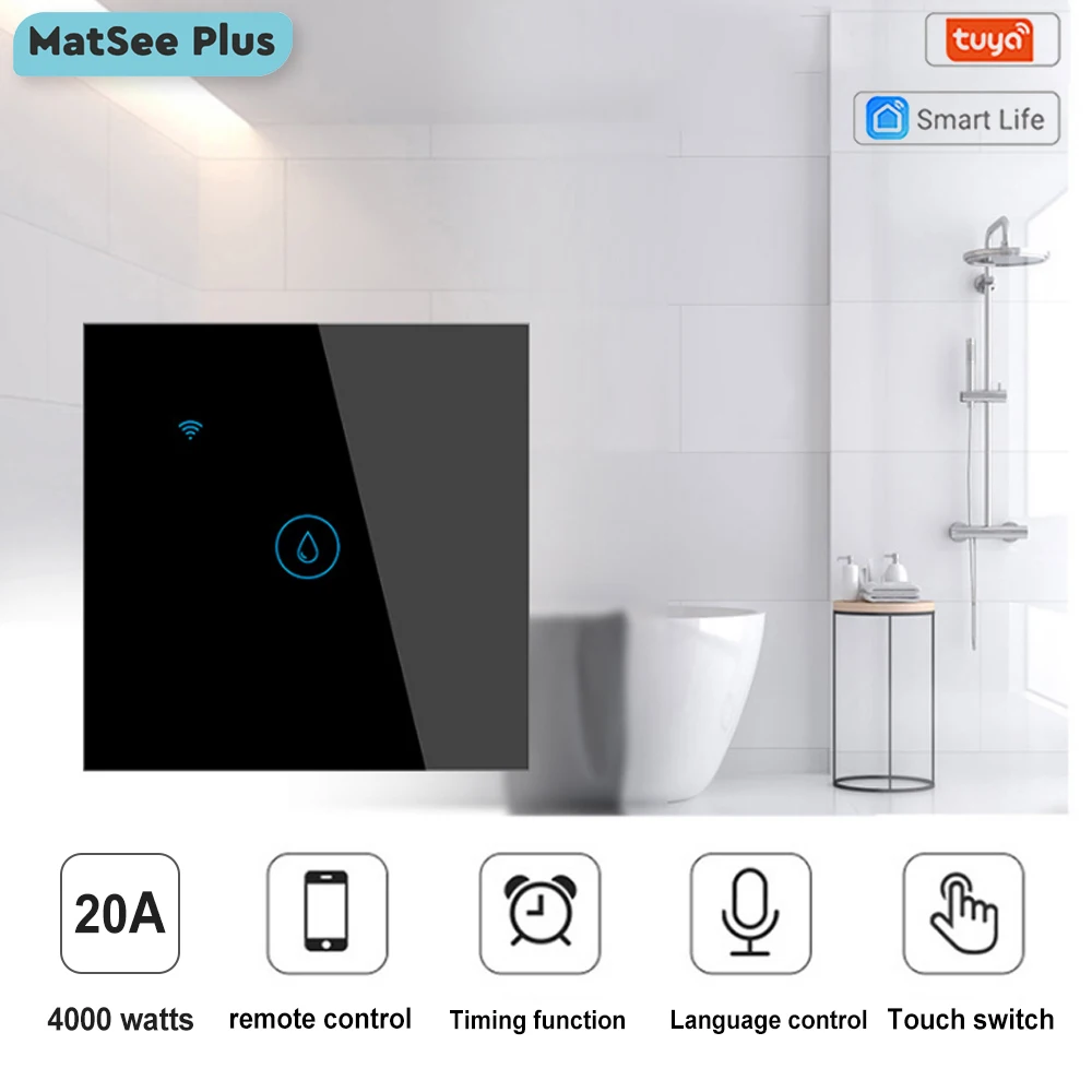 Умный выключатель для водонагревателя Smart Home Tuya EU WiFi, сенсорный настенный переключатель с приложением для дистанционного управления и функцией таймера, совместимый с устройствами Alexa и Google. Максимальный ток — 20A.