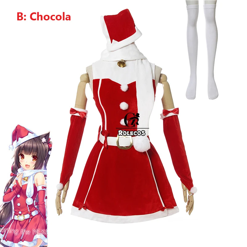 ROLECOS Nekopara, костюм для косплея, Рождество, ваниль, Chocola, платье для косплея, женское красное платье, рождественские, вечерние, сексуальный костюм, шапка, перчатки, носок