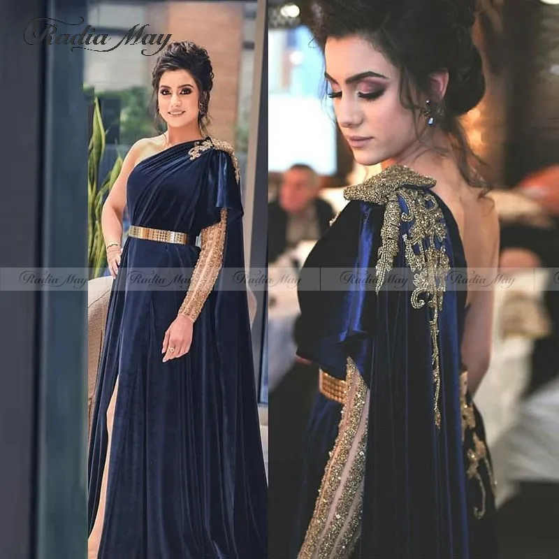 Арабское темно синее бархатное вечернее платье на одно плечо с Боковым Разрезом