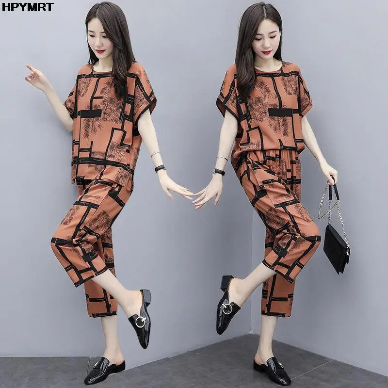 

Women Suits With Cropped trousers 2022 Short Sleeve O-Neck Two Piece Casual Wide leg pants Top Set Summer Ladies Hipster Sets