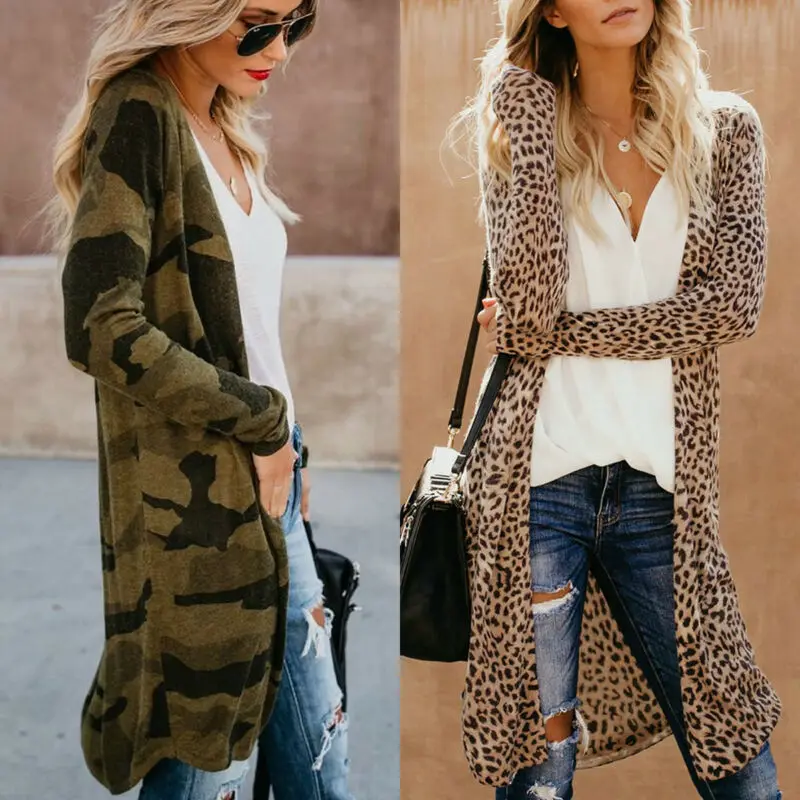 Женский леопардовый кардиган-кимоно длинная камуфляжная куртка макси с длинным