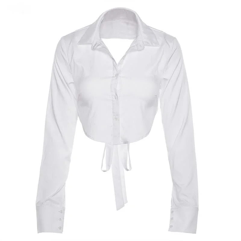 

Spring Sexy Backless Lace Up Blouses Top Women Long Sleeve Autumn White Turn Down Neck Cropped Shirt Button Down Blouse