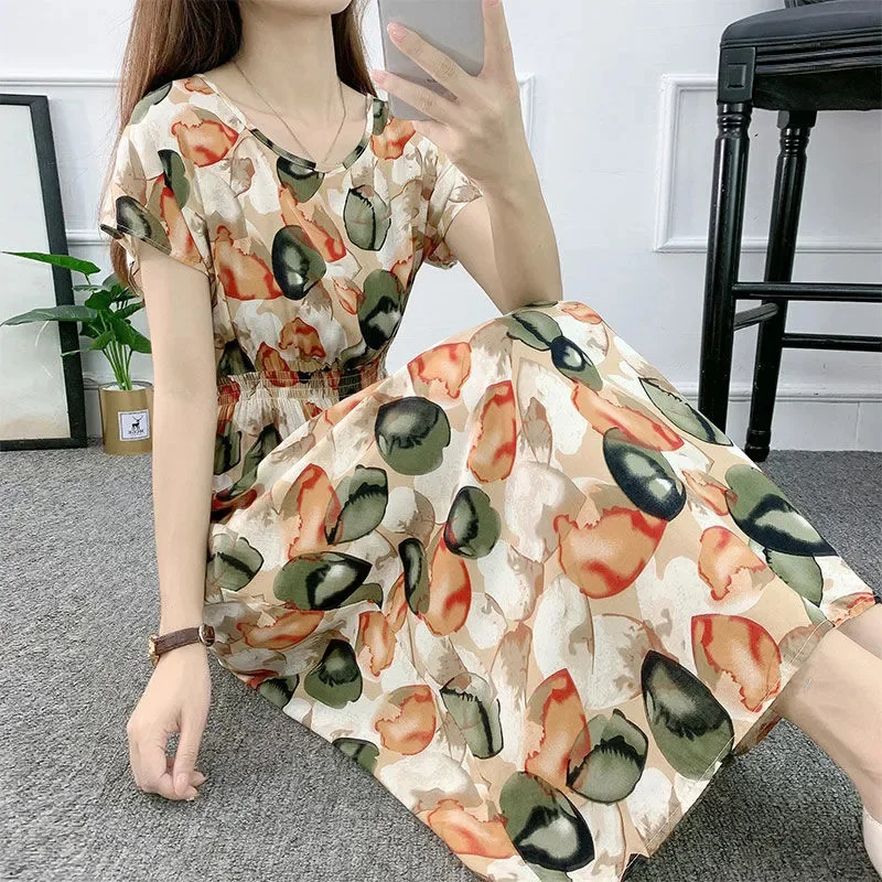 

Cotton Silk Print Dresses Plus Size Women Summer New Loose Casual Dresses Beach Women Short Sleeve O-Neck Dresses LJ3046