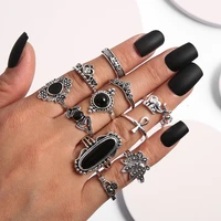 11 pcsset vintage antique silver color rhinestone boho ring set for women geometric knuckle midi ring set anillos