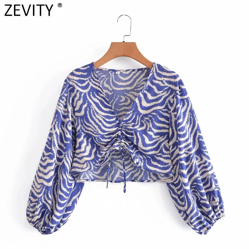 

Женская короткая рубашка Zevity, винтажная рубашка с V-образным вырезом, принтом животных, рукавами-фонариками, блузки с завязками, LS9602