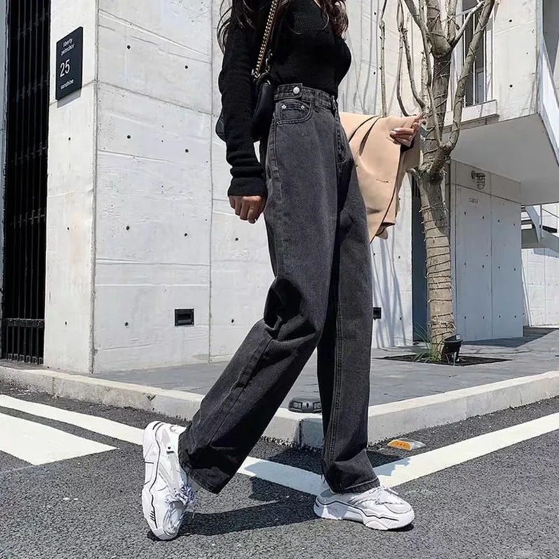 

Женские джинсы с высокой талией, джинсовая одежда с широкими штанинами, синяя уличная одежда, винтажные Качественные прямые брюки в стиле Х...