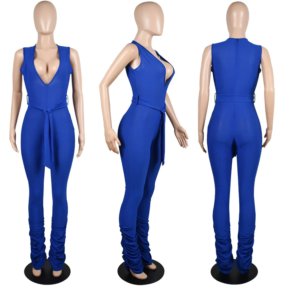 

Women Blue Jumpsuit Sexy Deep V-neck Sleeveless Black Bodysuit Ladies Fashion Skinny Red Stacked Jumpsuits Long Pants Streetwear