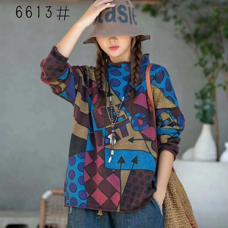 Литературный ретро Весна и осень новый с длинными рукавами Печатный свитер