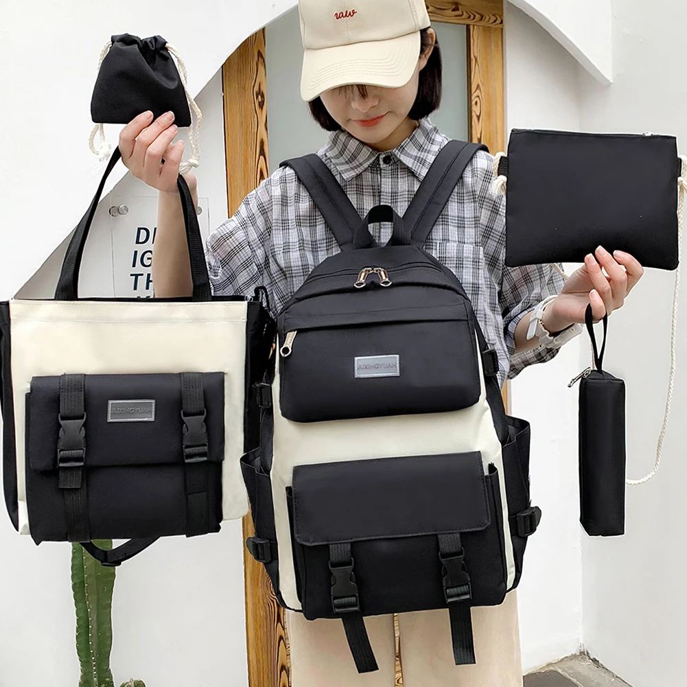 

4 Pcs Set Kawaii Women's Backpack Canvas Harajuku School Bags For Teenage Girls College Student Kids Book Bag Laptop Rucksack