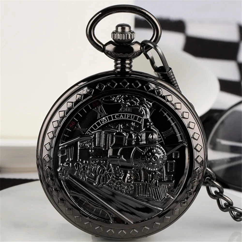 Silver/Black/Rose Gold Steampunk Train Mechanical Hand Winding Pocket Watch Roman Numerals Display Manual Mechanism Pocket Clock