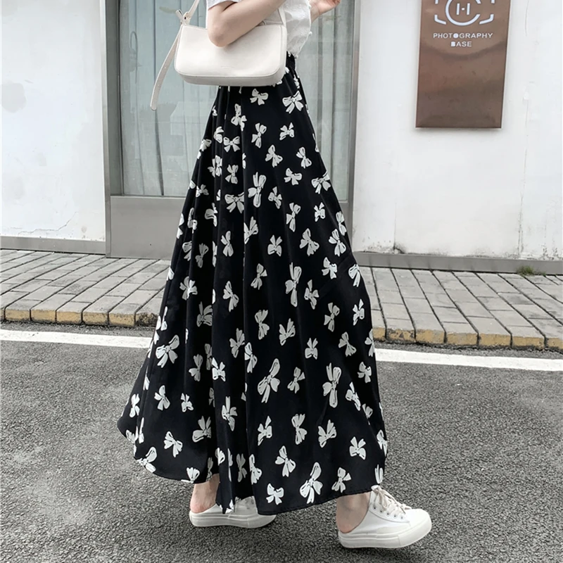 

Elegant Long Skirts Womens Bow Print High Waist Skirt Ladies Jupe Longue Summer Streetwear Woman Clothes Casual Midi Skirt Women