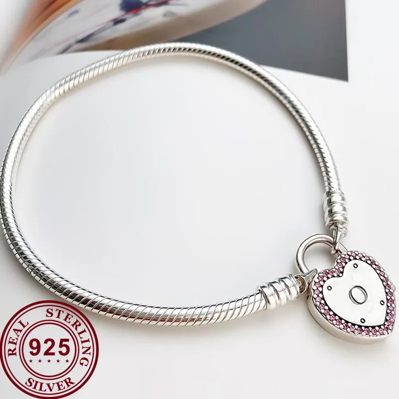 

100% 925 брелок Silver Pan Bracelet Shiny Heart-shaped Chain Pan Bracelet Fit European Charm Bracelets Women Jewelry