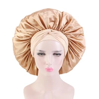 extra large solid satin bonnet with wide stretch ties long hair care cap women night sleep hat adjust silky head wrap shower cap
