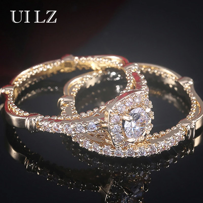 

Luxury 2PC Bridal Finger Ring Sets Micro Paved Elegant Gold Color Engagement Rings Matching Valentine's Day Anniversary Gift