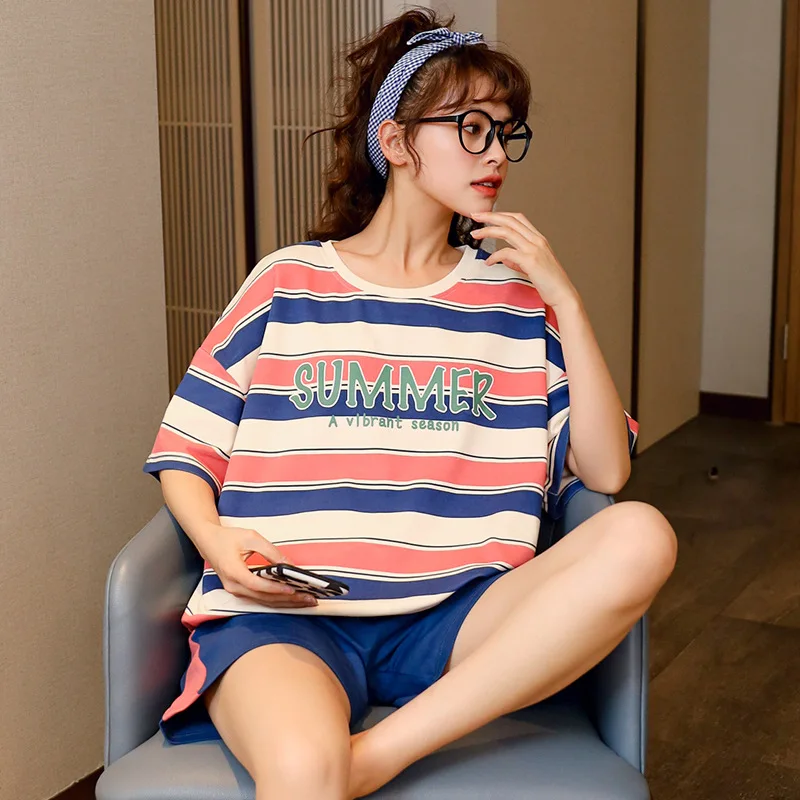 

New Women's Cotton Homedress Pajamas Sets Short Sleeve Shorts Girl's Lovely Nightgown Round Neck Sleepwear Casual Home Clothing