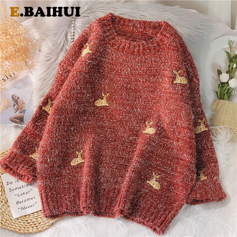 

EBAIHUI 2021 Women's Kawaii Ulzzang Vintage College Deer Embroidery Sweater Female Korean Thick Cute Loose Harajuku Clothing