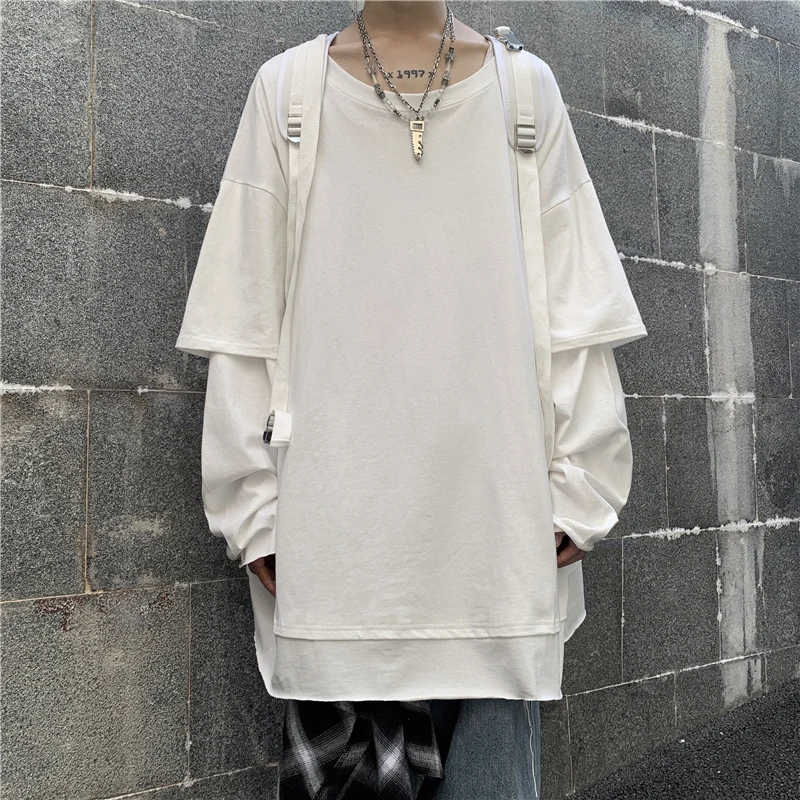 

Fake Two Piece Patchwork Vintage Oversized T Shirt Long Sleeve O Neck Summer Plus Size Men Clothing 2022 Cotton Loose Women Top