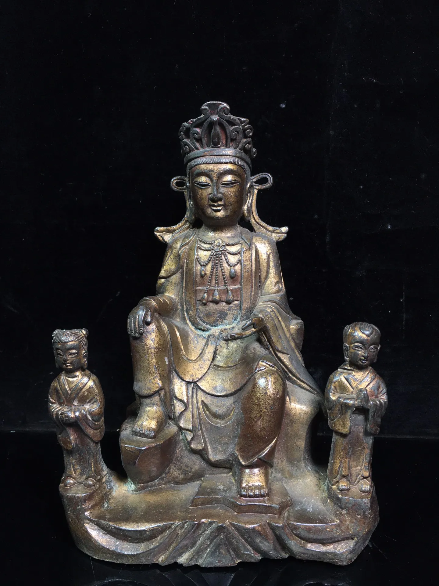 

10"Chinese Folk Collection Old Bronze Cinnabar Lacquer Northern Wei Buddha Guanyin Bodhisattva Golden boy and jade girl Ornament