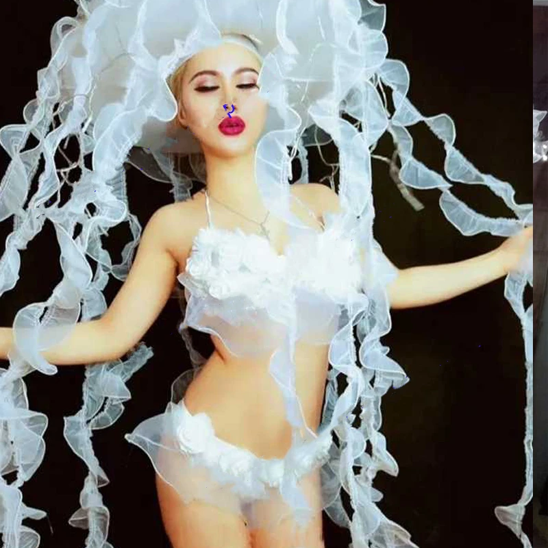 Белые светодиодные костюмы медузов для бальных танцев dj певица светодиодное