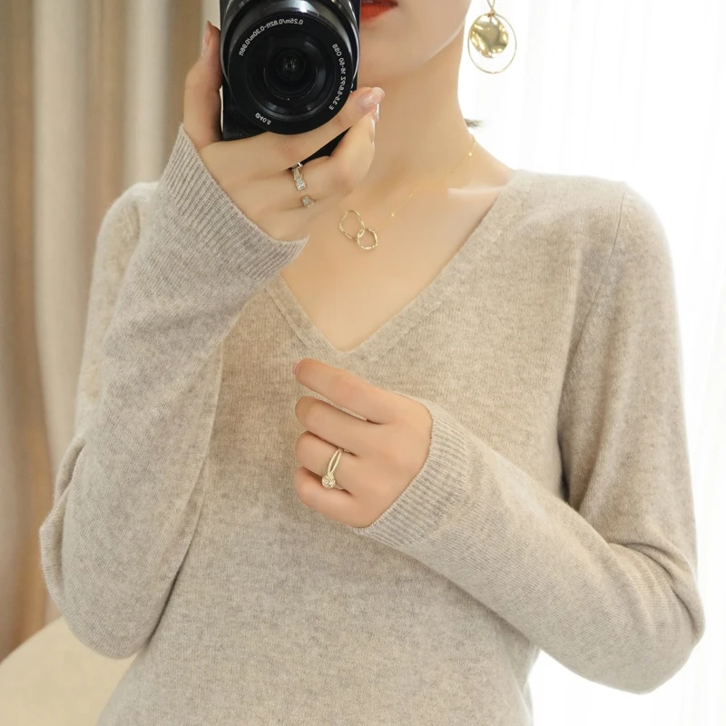 

Женский свитер с V-образным вырезом, элегантный вязаный пуловер из 100% натуральной шерсти в Корейском стиле на осень и зиму, Zjt875