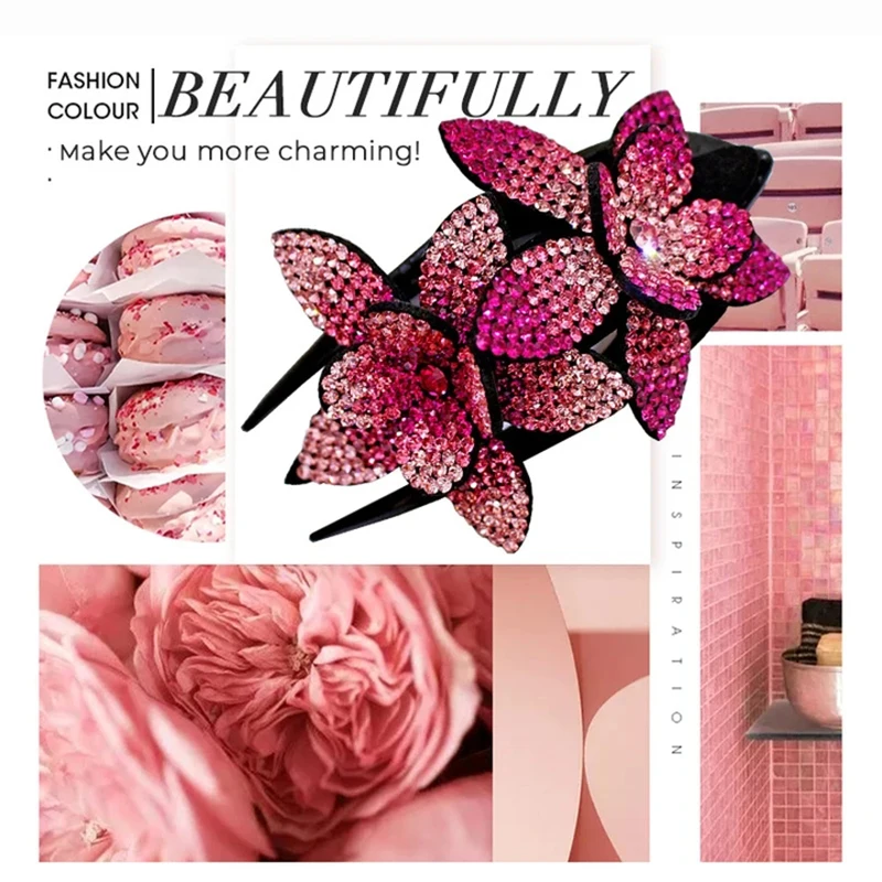 

W 2/6pcs Rhinestone Double Flower Hair Clip Flexible Durable Women Hair Dovetail Clip Non-slip Comb Rhinestone Headdress M3