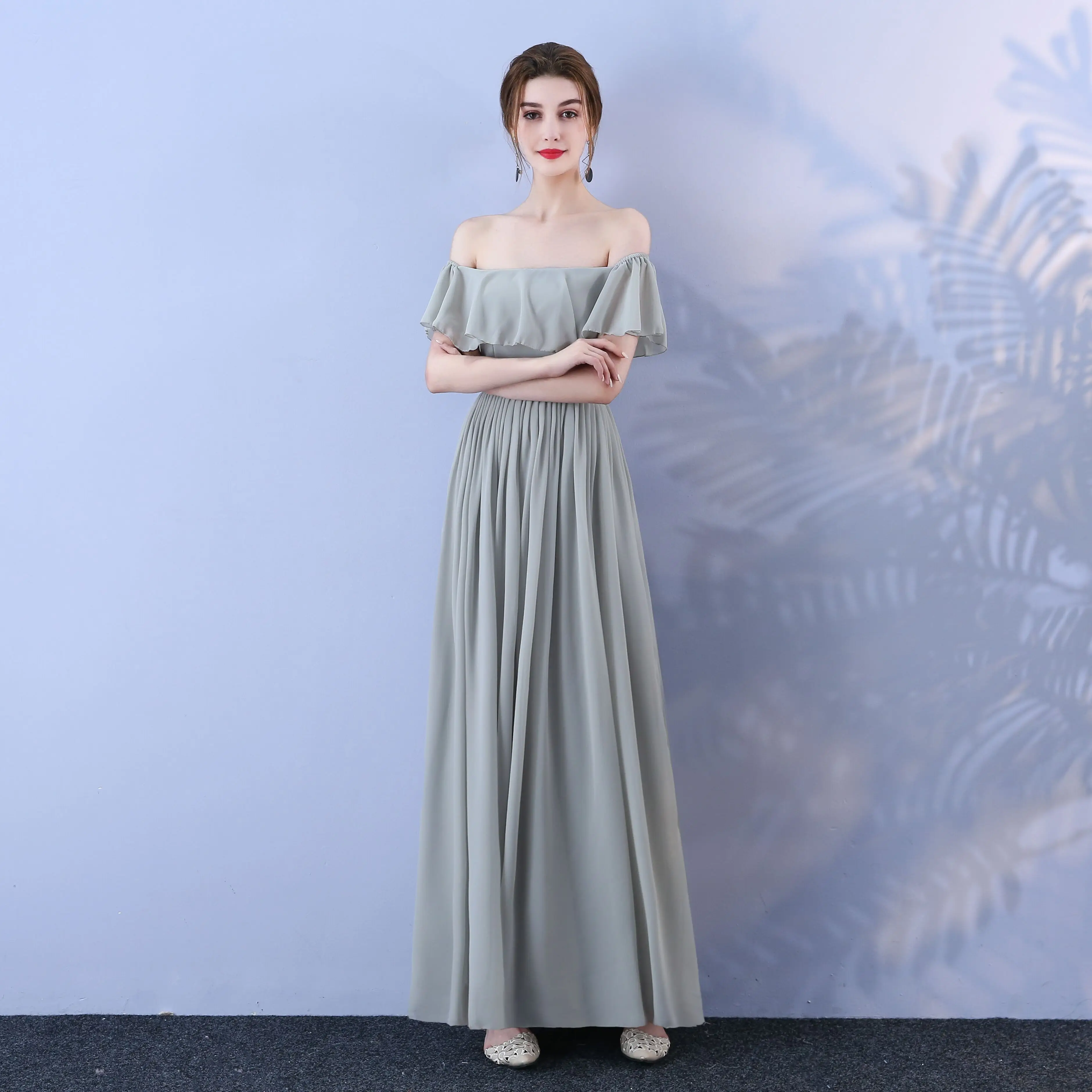 Длинное шифоновое платье подружки невесты фиолетовое элегантное для свадебной