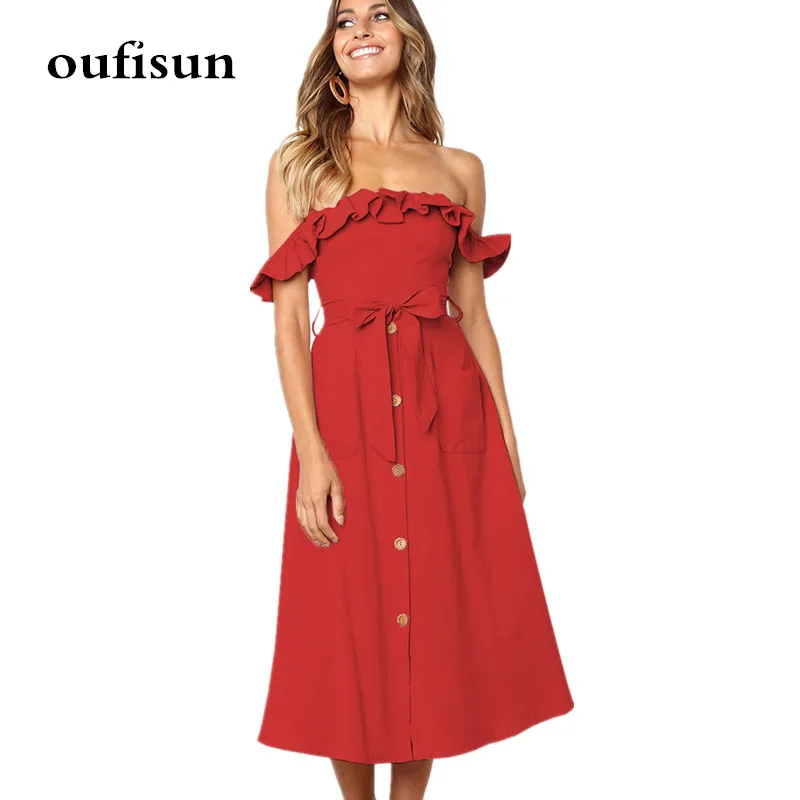 

Summer New Off-Shoulder Dress Sexy Bandage Backless Evening Party Dresses 2020 Fashion Single-Breasted Solid Midi Dress Vestidos