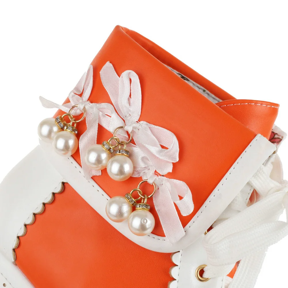 Women Kawaii Lolita Boots Lace-Up Ankle Bootie Wedges Platform Outdoor Cosplay Dress Shoes with Pearl Sring Bead Plus Size 34-48