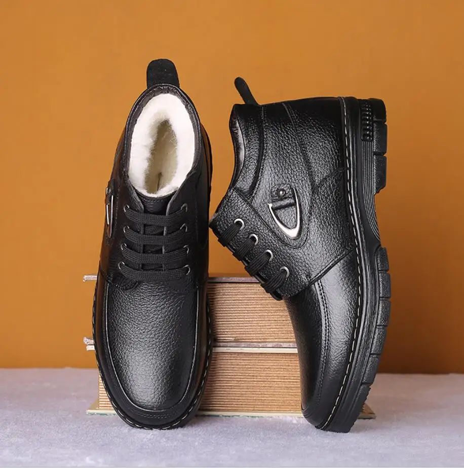 

Мужские кожаные ботинки с бархатной подкладкой, однотонные водонепроницаемые ботинки с высоким берцем и хлопковой подкладкой