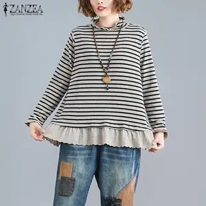 2021 ZANZEA Винтаж блуза из смешанных материалов с кружевом женские дошкольного возраста Топы в полоску с длинными рукавами на каждый день на весну Blusas для женщин размера плюс туника пуловер