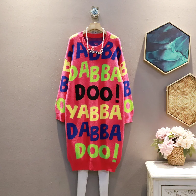 QING MO Letter Pattern Round Neck Knitted Sweater Dress Women 2021 Autumn New Fashion Loose Large Size Black Green ZWL790 | Женская