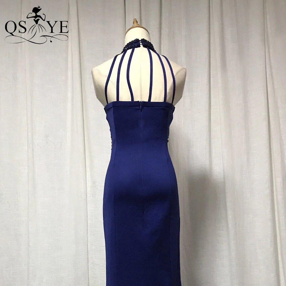 

QSYYE Royal Blue Halter Evening Dresses Mermaid Evening Gown Bead Waistband Elegant Party Dress Elastic Formal Dress Sexy Slit