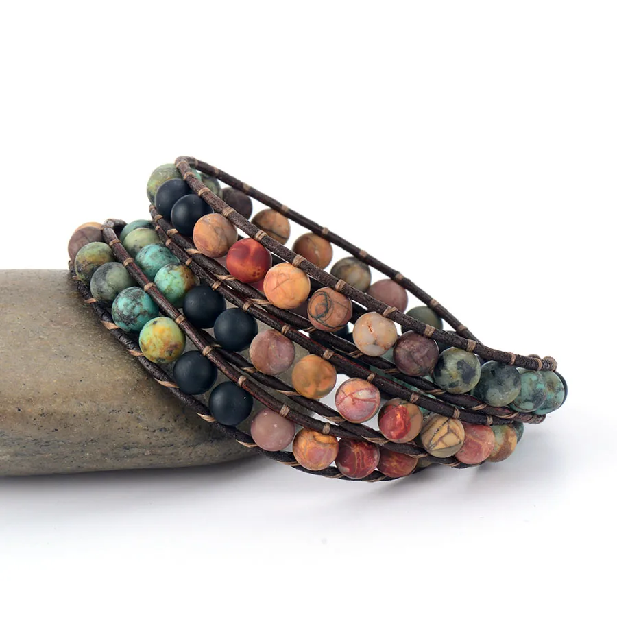 

Vintage Leather Bracelets 6MM Matte Stone 3 Strands Wrap Bracelets Woven Multilayer Boho Bracelet Handmade Jewelry Dropship