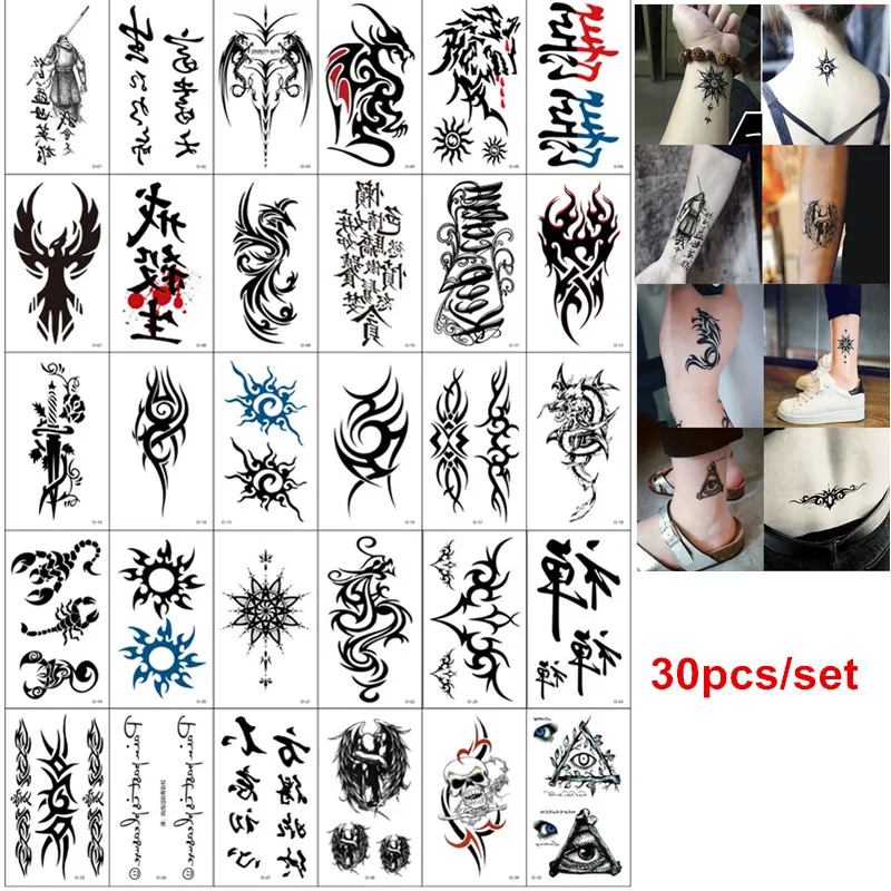 30pcs/set Tatuajes Temporales Skull Dragon Sexy Temporary Fake Tattoos for Men Hands Arm Body Art Faux Tatouage Homme Tatuagem