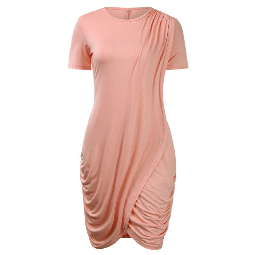 

2021 Fashion New Summer Hot Sale Women's Round Neck Solid Color Short Sleeve Sexy Hip Irregular Party Mini Dress Plus Size XL