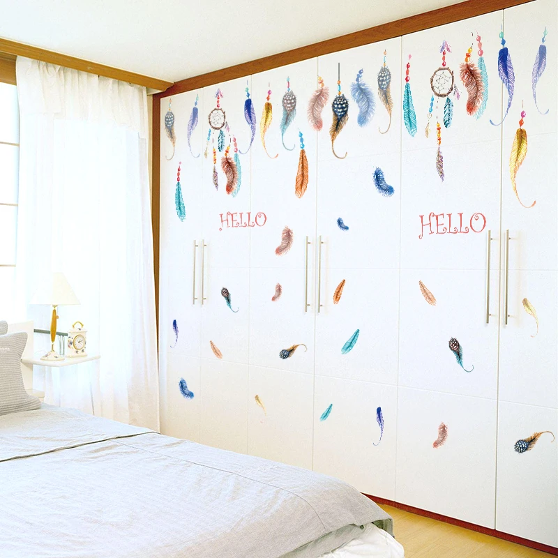 DIY творческие красочные перья ПВХ съемные настенные наклейки гостиная ТВ диван