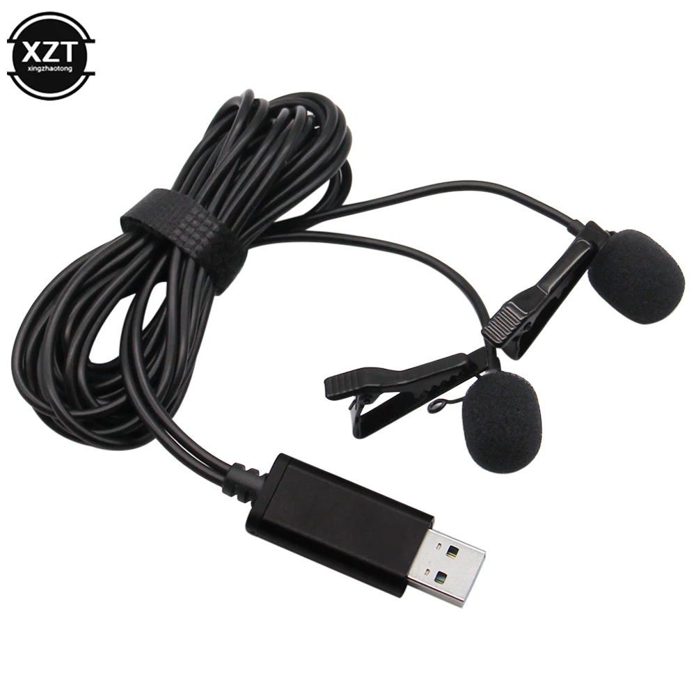 USB 2.0/3.5mm Dual heads Mics Microphone Clip-on Lavalier Lapel 3.5 mm 2 Mic for Phone Windows 10 7 8 Computer 2m | Электроника