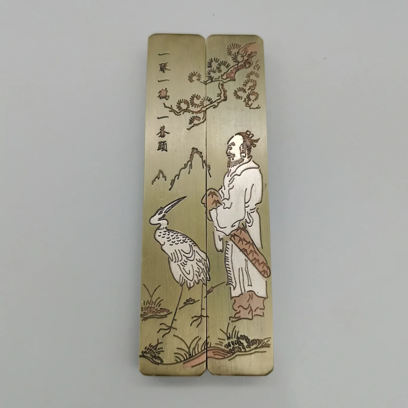 

China Brass Sculpture" One Person And One Crane Paper-weight "Calligraphy Painting Auxiliary Tool Metal Crafts Home Decoration